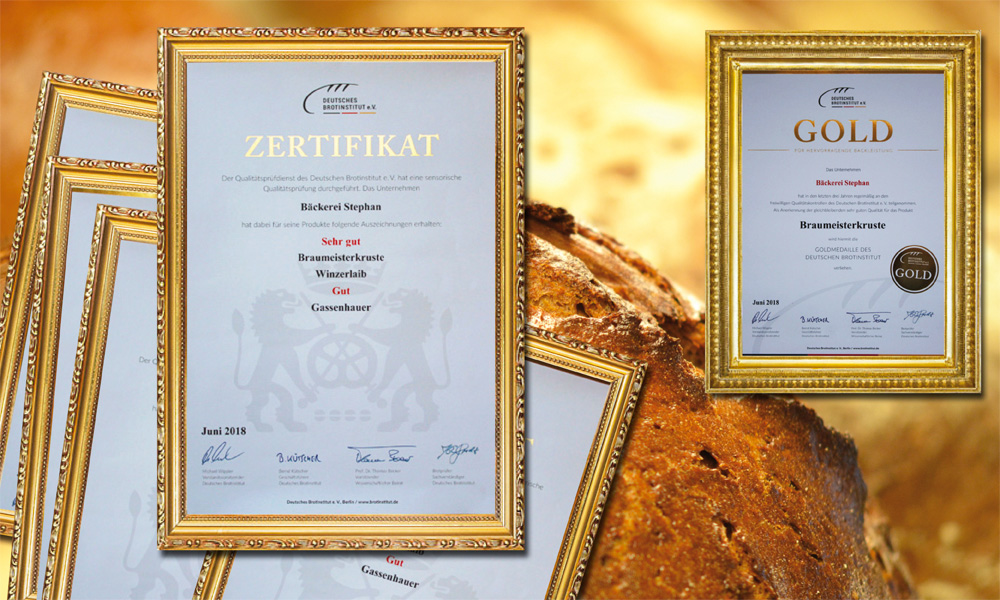 Bäckerei Stephan Zertifikat "Sehr Gut" für unsere Braumeisterkruste und das Winzerlaib